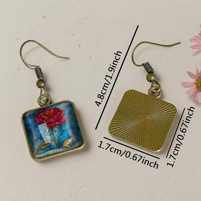 Women's Handmade Red Rose Square Dangle Earrings, Spiritual Gift